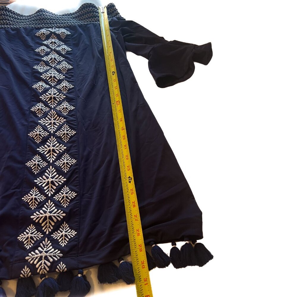 CABANA LIFE/Navy Embroidered Off The Shoulder Mini Dress Coverluxe Smocked Med - Picture 12 of 14